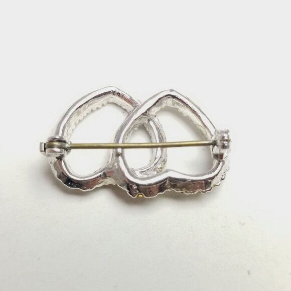 Vintage Double Rhinestone Heart Brooch, Silver Tone Sweetheart Lapel Pin, Estate - Picture 3 of 7